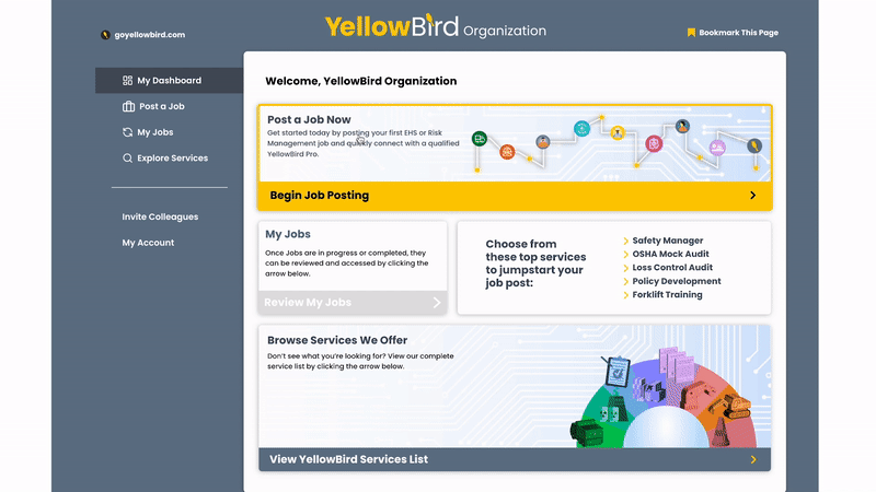 Click Explore Services to see the wide range of services that YellowBird offers.
