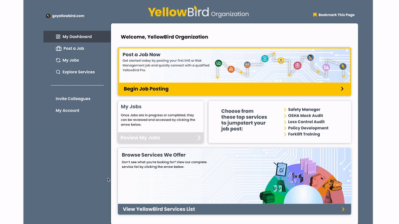 Customers can begin working with YellowBird by posting a job in their Dashboard