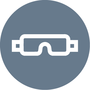 There is an icon of white safety goggles in a gray circle.
