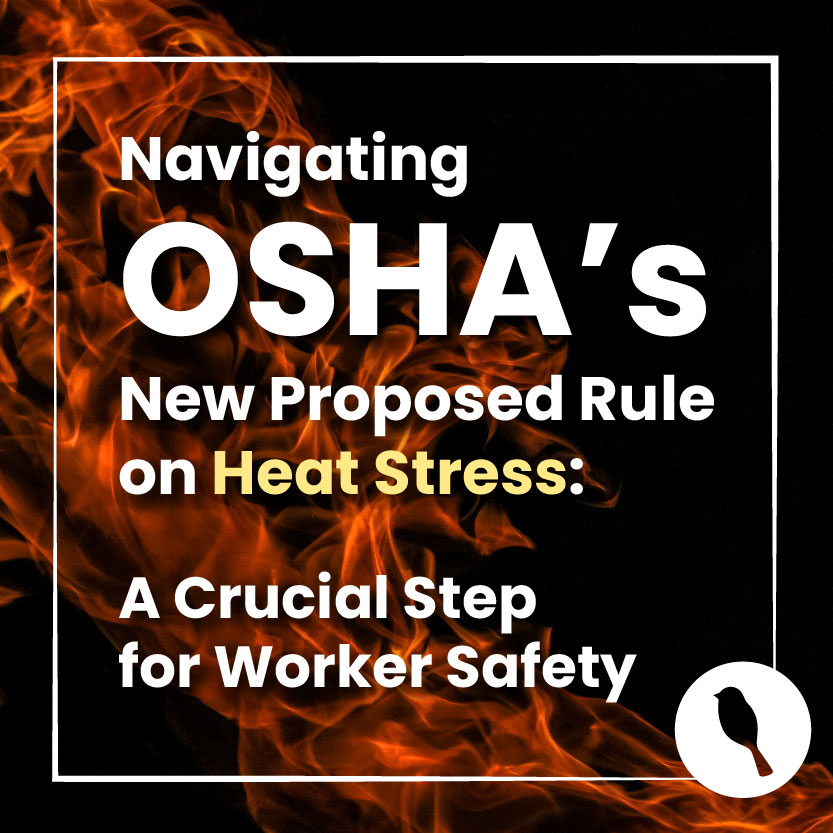 Navigating OSHA's New Proposed Rule on Heat Stress: A Crucial Step for Worker Safety - these words are written on a field of flame in white with the YellowBird logo in the bottom right corner.