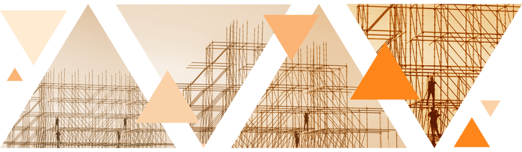 Image displays an orange triangular abstraction of a construction site.