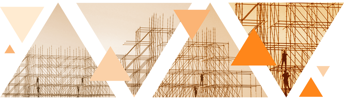 Image displays an orange triangular abstraction of a construction site.