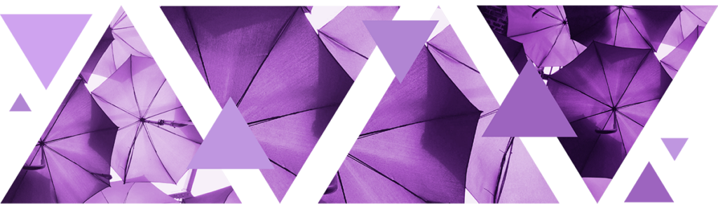 The image here shows purple triangular abstractions of overlapping umbrellas.