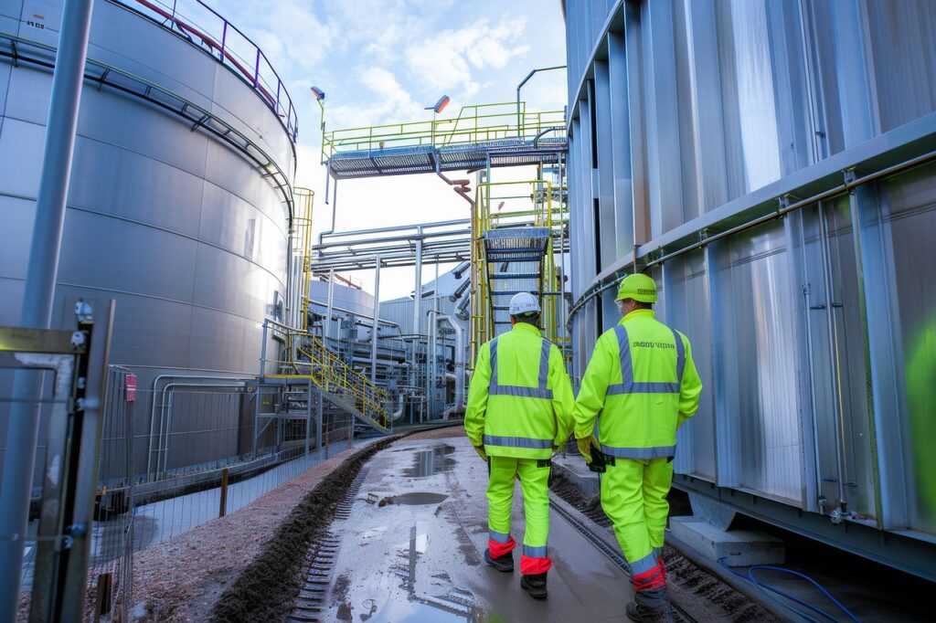 two men walking between metal silos